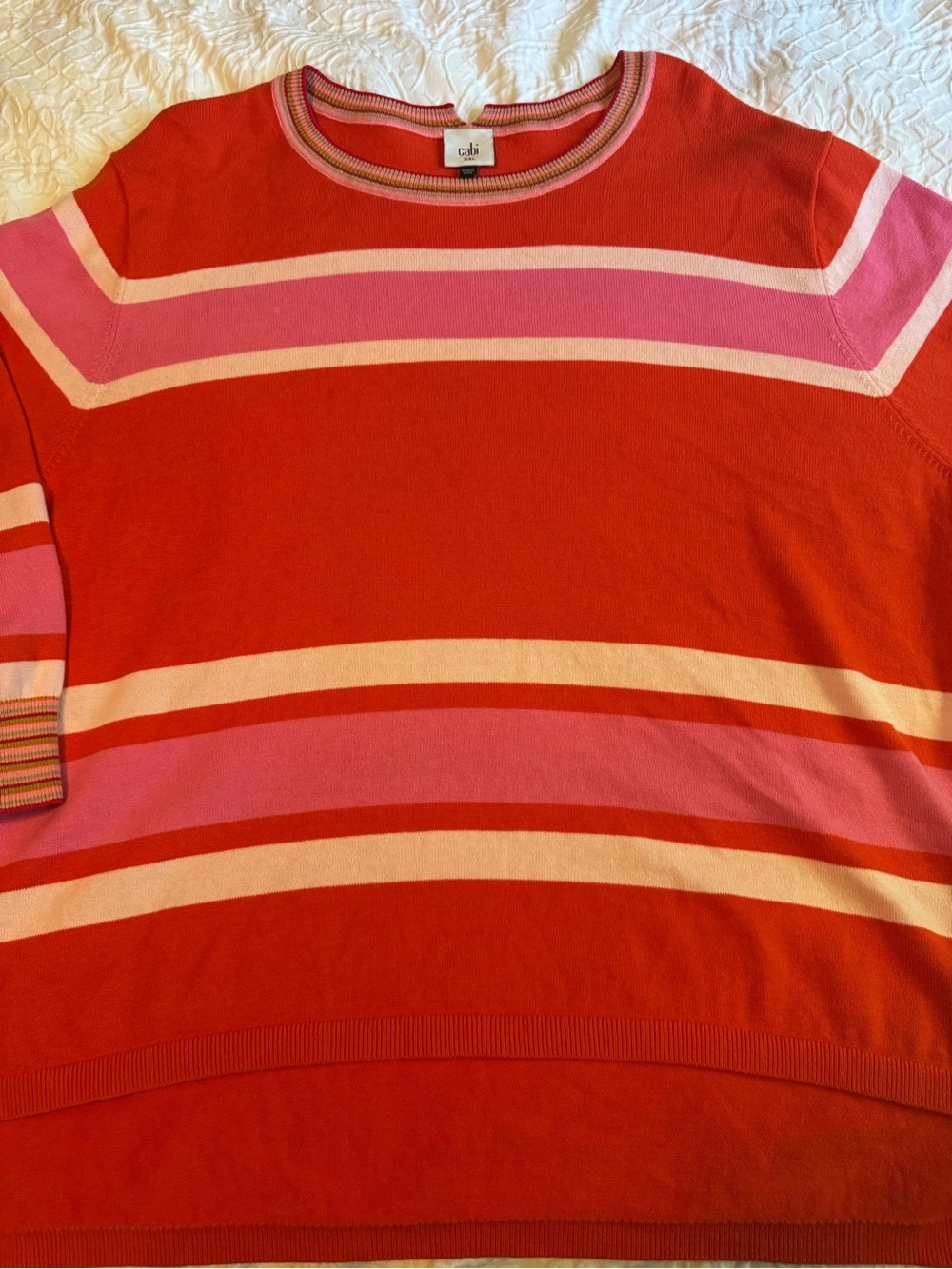 Cabi Sweater Womens XXL Orange Pink Striped 3/4 Sleeve High Low Knit Pullover
